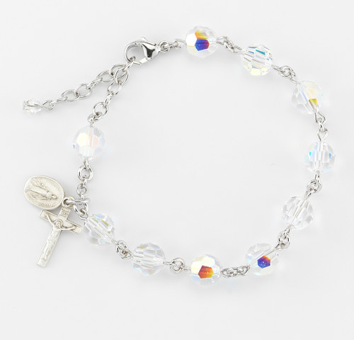 8mm Aurora Multi Faceted Swarovski Crystal Beads Rosary Bracelet. B.) All Sterling Silver links, chains and miraculous medal and crucifix; or BR) Rhodium plated solid brass links with a sterling silver miraculous medal and crucifix. Comes in a deluxe velour gift box. Made in the USA.