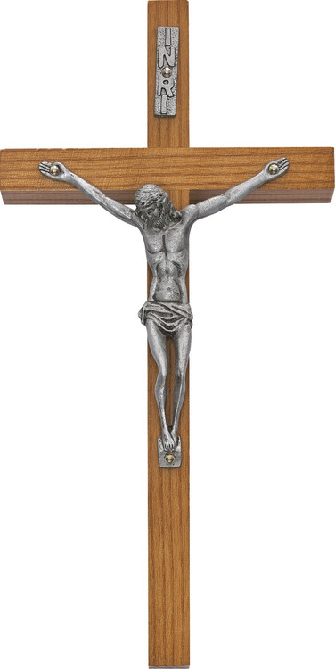 10" Walnut Crucifix, with silver corpus. Comes bagged, no box.