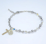 Aurora Swarovski Crystal Bracelet- 5mm Aurora Swarovski Crystal Beads and 5mm Round Sterling Silver Beads with Sterling Silver Miraculous Medal and Crucifix. Includes a Deluxe Velour Gift Box.Made in the USA. 
