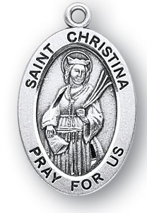 St. Christina Medal - Sterling silver 7/8" oval medal with a portrayal of St. Christina holding a Scroll and Palms. She is the Patron Saint of Millers, Mental Disorders. Comes on an 18" genuine rhodium plated chain in a deluxe velour gift box. Engraving option available.