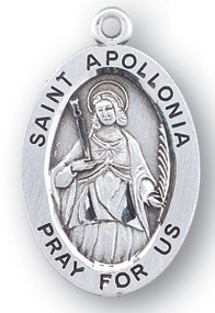 St. Apollonia Sterling silver 7/8" oval medal with a 18" genuine rhodium plated chain. Medal comes in a deluxe velour gift box. Engraving option available. Patron St of  dentists.
