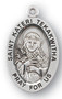 Saint Kateri Tekakwitha Medal - Sterling silver 7/8" oval medal with a portrayal of St. Kateri with a wooden cross and feathers. She is the patron saint of ecology, environment. Comes on an 18" genuine rhodium plated chain  in a deluxe velour gift box. Engraving option available.