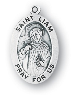 Saint Liam Medal - Patron Saint of York ~ Sterling silver 7/8" oval medal with a portrayal of St. Liam holding a staff and book. He is the patron saint of York. Medal comes on a 20" genuine rhodium plated chain and comes in a deluxe velour gift box. Engraving option available.