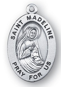 Saint Madeline Medal - Patron Saint of the Catholic Church, 7/8" oval medal with a portrayal of St. Madeline in a Nuns Habit.  Comes on an 18" genuine rhodium plated chain in a deluxe velour gift box. Engraving option available.