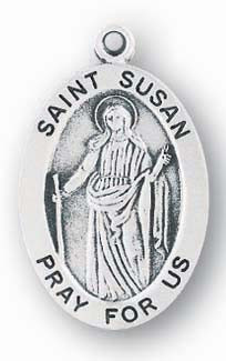 Saint Susan Medal -Sterling silver 7/8" oval medal with a portrayal of St. Susan holding a sword. She is the patron saint of people forced into exile. Comes on an 18" genuine rhodium plated chain and in a deluxe velour gift box. Engraving option available.