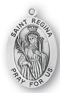 Saint Regina Medal - Patron Saint of Impoverishment and Shepherds. Sterling silver 7/8" oval medal with a portrayal of St. Regina wearing a Crown and holding a Palm Staff. Comes on an 18" genuine rhodium plated chain and in a deluxe velour gift box. Engraving option available.