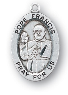 Pope Francis Medal ~ Sterling Silver 7/8" oval medal with a portrayal of Pope Francis. He was elected Pope March of 2013. Comes with a 20" genuine rhodium plated chainand in a deluxe velour gift box. Engraving option available.