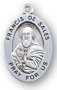 7/8" sterling silver oval medal with a portrayal of St. Francis De Sales holding a Book and Quill Pen. He is the Patron Saint of the Deaf, Educators, Writers, Journalist. Comes with a 20" genuine rhodium plated chain in a deluxe velour gift box. Engraving option available.