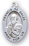 7/8" sterling silver oval medal with a portrayal of St. Francis De Sales holding a Book and Quill Pen. He is the Patron Saint of the Deaf, Educators, Writers, Journalist. Comes with a 20" genuine rhodium plated chain in a deluxe velour gift box. Engraving option available.