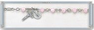 Rose Opal- Rosary Bracelet with 5mm faceted crystal beads.  Choose: BR:) Rhodium plated solid brass findings with Sterling Silver Miraculous Medal and Crucifix;  or  BX.)Rhodium plated solid brass links with silver oxidized miraculous medal and crucifix.  Comes with a deluxe velour gift box. Made in the USA.