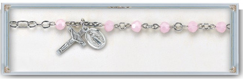 Rose Opal- Rosary Bracelets with 5mm faceted crystal beads. Rhodium plated solid brass findings with Sterling Silver Miraculous Medal and Crucifix;  Comes with a deluxe velour gift box. Made in the USA.