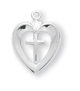 3/4" x 1/2"  Rhodium plated cross in a heart. This medal comes on an 18" rhodium chain. Cross comes in a white leatherette gift box. Perfect for First Holy Communion Day! Also available in silver, rose gold or gold over silver.