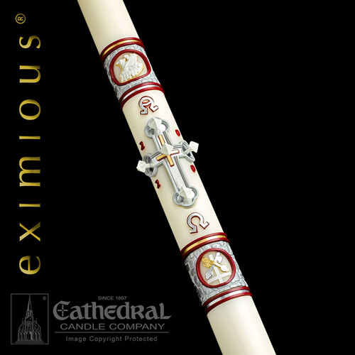 "I for my part declare to you, you are Rock, and on this rock I will build my church, and the jaws of death shall not prevail against it. I will entrust to you the keys of the kingdom of heaven" (Matthew 16:18). Eximious® Paschal Candle the "Upon this Rock" Paschal Candle - Newest design from Eximious, features the rich symbolism of St. Peter. The silver and gold keys to the Kingdom of Heaven entrusted to Peter by Christ. Whatever you declare bound on earth shall be held bound in heaven and whatever you declare loosed on earth shall be held loosed in heaven. The inverted cross, which Peter requested to be crucified on, stating he was not worth of being crucified in the same manner in which Christ was.  Due to the workmanship required to benchcraft each candle, please allow four weeks for the creation and delivery of your paschal candle