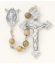 Round Genuine Jasper Rosary ~ Rosary with 6mm Round Genuine Jasper Beads. Sterling Silver Miraculous Center and 2-1/16" Sterling Silver Crucifix with Rhodium Plated Findings. Comes with a deluxe velour gift box. Made in the USA.