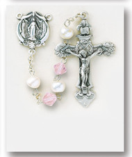 Freshwater Pearl Sterling Rosary ~ Rosary with 6mm freshwater pearl beads with 7mm bicone pink crystal beads. Sterling silver miraculous center and 1-13/16" crucifix. Rhodium plated brass findings. Comes with a deluxe velour gift box. Made in the USA.
