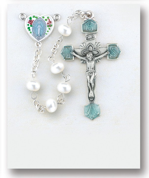 Enameled Heart and Freshwater Pearl Rosary - Rosary with 4mm Freshwater Pearl Beads. Enameled Heart Sterling Silver Miraculous Center and 1-15/16" Sterling Silver Crucifix with Rhodium Plated Findings. Comes with a deluxe velour gift box. Made in the USA. 
