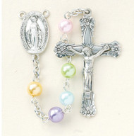 Multi Color Faux Pearl Rosary ~ Rosary with 6mm Multi Color Faux Pearl Beads. Sterling Silver Miraculous Center and Sterling Silver 1-3/4" Crucifix with Rhodium Plated Findings. Comes with a deluxe velour gift box. Made in the USA.