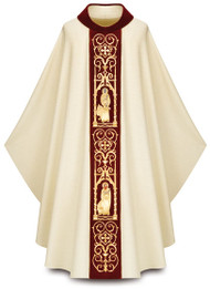 Four Evangelists Chasuble - Chasuble in Cantate (99% wool, 1% gold threads). Width: 63", Length: 53". Neck height: 9".. Stiff roll-collar 4" in velvet. Hand embroidery on dark red velvet banding of Four Evangelists. These items are imported from Europe. Please supply your Intitution’s Federal ID # as to avoid an import tax. Please allow 3-4 weeks for delivery if item is not in stock

 