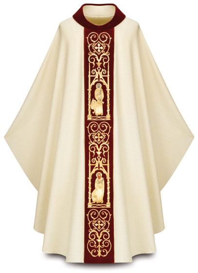 Four Evangelists Chasuble - Chasuble in Cantate (99% wool, 1% gold threads). Width: 63", Length: 53". Neck height: 9".. Stiff roll-collar 4" in velvet. Hand embroidery on dark red velvet banding of Four Evangelists. These items are imported from Europe. Please supply your Intitution’s Federal ID # as to avoid an import tax. Please allow 3-4 weeks for delivery if item is not in stock

 