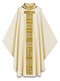 Chasuble in Cantate (99% wool, 1% gold threads) comes with inside stole.  Cross motif is hand embroidered in cotton and gold colored threads. Width: 63", Length: 53". Embroidered 4" roll-collar. Comes in white, red, green or purple. These items are imported from Europe. Please supply your Institution’s Federal ID # as to avoid an import tax. Please allow 3-4 weeks for delivery if item is not in stock.Matching Overlay Stole, Mitre, Cope, Dalmatic, and Deacon Stole also available.