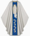 Chasuble in Brugia (100% wool). With inside stole. Beautiful woven galoon and symbol of Our Lady. Width: 59", Length: 49". Neck height: 12". Soft roll-collar 3". These items are imported from Europe. Please supply your Intitution’s Federal ID # as to avoid an import tax. Please allow 3-4 weeks for delivery if item is not in stock

 