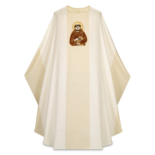 Saint Francis Chasuble- Chasuble in David fabric, (100% wool) Width: 61", Length: 53". Neck height: 9". Saint Francis Image Embroidery These items are imported from Europe. Please supply your Institution’s Federal ID # as to avoid an import tax. Please allow 3-4 weeks for delivery if item is not in stock. 

 