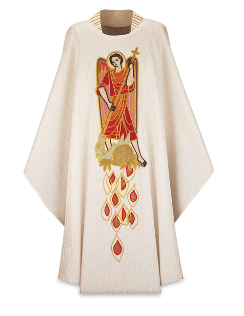 Choice of fabrics: Cantate (Wool), or Patrick (Polyester), with inside stole.  Choice of lengths: 53" or 49",  Neck height: 16". Low stand-up collar, embroidered. Colorful embroidery of Saint Michael the Archangel on front. Usually ships in 32 working days.  These items are hand embroidered and imported from Europe. Please supply your Institution’s Federal ID # as to avoid an import tax.
