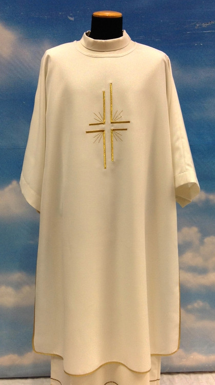 Dalmatic with plain neckline in Primavera fabric (100% polyester) with embroidered cross in front only. Inside stole included.  Dalmatic: width 60" x height 47". Available in all liturgical colors.