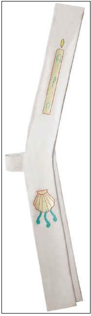 Deacon Stole T85049A-Deacon Stole with Baptism Candle and Shell. Stole Measures 5" wide by 26" from shoulders to hip and 26" from hip to bottom. Available in all Liturgical Colors. 
