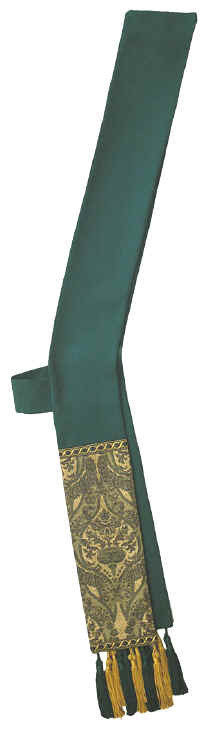 Overlay or Deacon Stole with fringe. Features gold cross applique at neck seam on overlay and shoulder seam on deacon stole.  Stole Measures 5" wide by 26" from shoulder to hip and 26" from hip to bottom. Overlay Measures: 5" wide by 56" long.  Available in all Liturgical Colors. Deacon Stole is pictured here