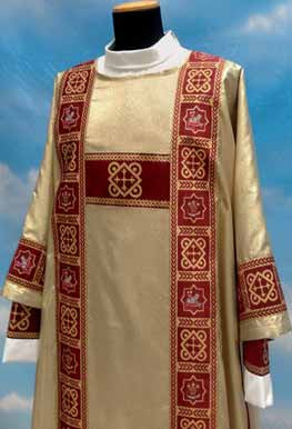 Dalmatic 485 ~ in Lame oro fabric (40% polyester, 35% wool, 25% gold thread) with banding in front and back with inside stole. Color choices: red, white, green, rose, and purple. Measurements: 49" long, 61" wide. 
These items are imported from Europe. Please supply your Intitution’s Federal ID # as to avoid an import tax. 
Please allow 3-4 weeks for delivery if item is not in stock