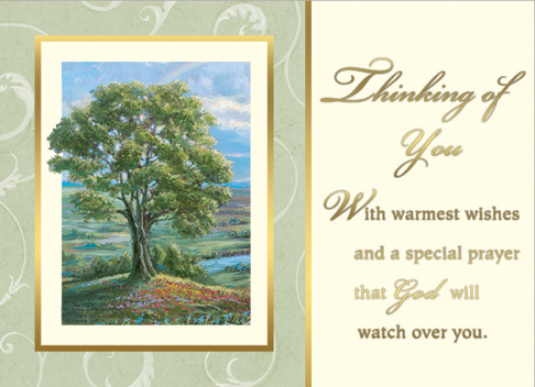 Thinking of You Cards. Gold Foil. 4 7/8" x 6 3/4". Box of 25. Verse on front of card: "Thinking of you-With warmest wishes and a special prayer that God will watch over you." Inside verse: Praying for you today, that the Lord will strengthen you daily and restore your health."