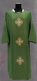 Dalmatic is made in Francesco fabric (63% viscose, 35% wool, 2% gold thread) with gold thread woven into the fabric, with three embroidered crosses and inside stole. 