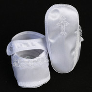 Girl's Satin Shoes with Embroidered Cross and Lace Embellishments. Machine wash. 