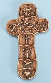 5" palm cross has the story of Christ's life. The dimensions are 4.88"H x 2.75"W x 0.38"D. the cross is made of a resin/stone mix.