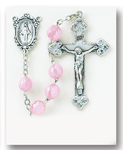 Pink Venetian Glass Flower Rosary~8mm  Pink Venetian Glass Flower beads from Italy. Sterling Silver Miraculous Center and 2" Sterling Silver Crucifix with Rhodium Plated Findings. Deluxe Velour Gift Box Included.