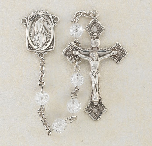 Sterling Silver rosary made with 6mm round crackled crystal beads. Solid brass findings, pins and chain with genuine rhodium plating to prevent tarnishing. Exclusive designed sterling silver Miraculous Medal centerpiece and sterling silver 1-11/16”crucifix. Rosary comes in a deluxe gift box and is made in the USA