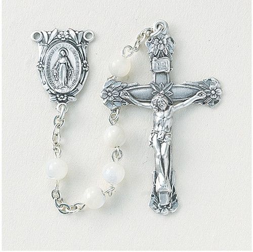 Sterling Silver rosary made with 5mm genuine Mother of Pearl beads.Solid brass findings, pins and chain with genuine rhodium plating to prevent tarnishing. Exclusive designed sterling silver Miraculous Medal centerpiece and sterling silver 1-3/4”crucifix. Deluxe Velour Gift Box Included. Made in the USA