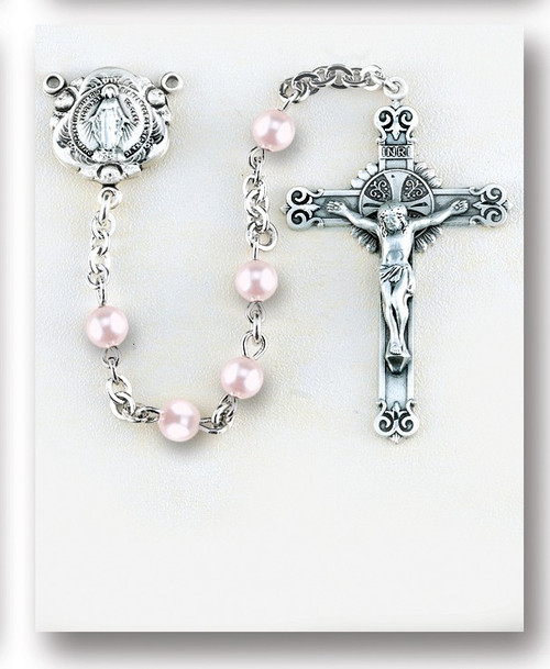 Pink-Sterling Silver rosary made with 4mm pink, blue or lavender Swarovski pearl beads. Solid brass findings, pins and chain with genuine rhodium plating to prevent tarnishing. Exclusive designed sterling silver Miraculous Medal centerpiece and sterling silver 1-3/8”crucifix. Comes with deluxe velour gift box. Made in the USA.
