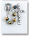 8mm Metallic Gold Tin Cut Crystal Beads. Sterling Silver Miraculous Center and 1-3/4" Sterling Silver Crucifix with Rhodium Plated Findings. Comes with a deluxe velour gift box. Made in the USA.