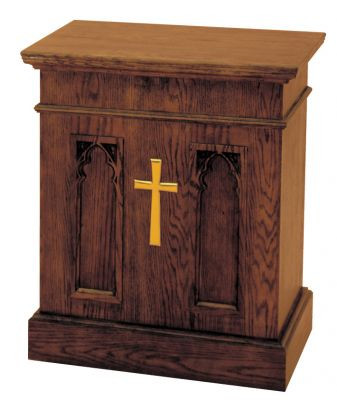 Offertory Table Dimensions: 30"H x  25"W x 19"D. Brass cross and castors are available at extra charge