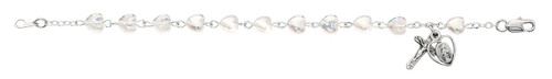 6 1/2" Crystal Heart Pewter Bracelet. Crystal Heart Bracelet has a pewter Pierced Heart Miraculous Medal and Crucifix. Perfect for that special girl on her 1st Holy Communion!