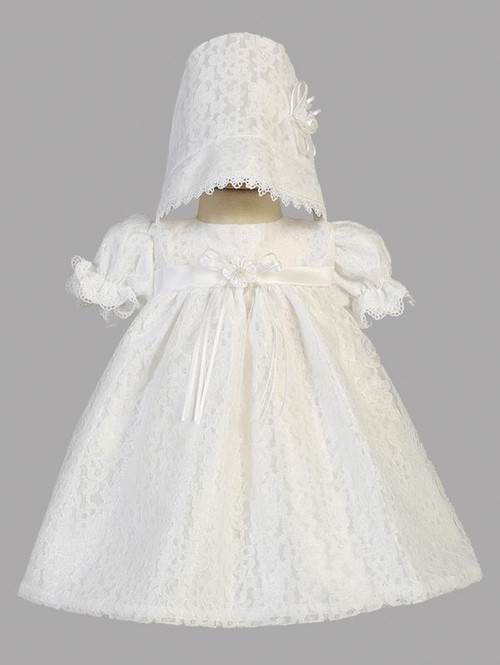 Melissa Christening Dress. Baby Girls White All Over Lace Tulle with Ribbons. Bonnett  included. . Made In USA