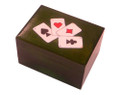 Beautiful wooden card box with painted card suits, hearts, spades, diamonds and clubs.