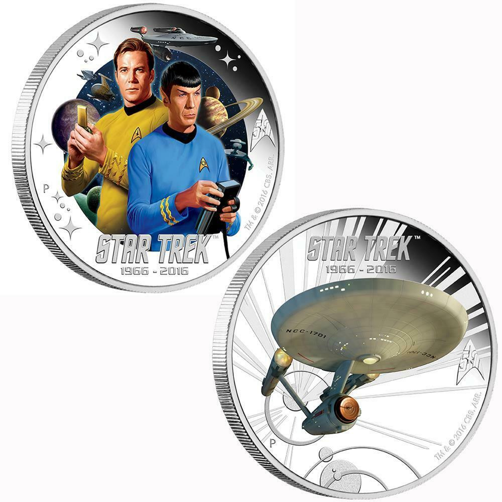 2016 Star Trek 50th Anniv Silver 2 Coin Set Enterprise Kirk Spock  Transporter