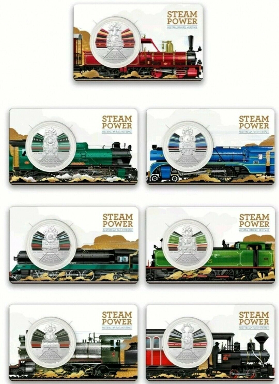 Australia 2022 Steam Trains Complete Set of 7 50c Coloured UNC