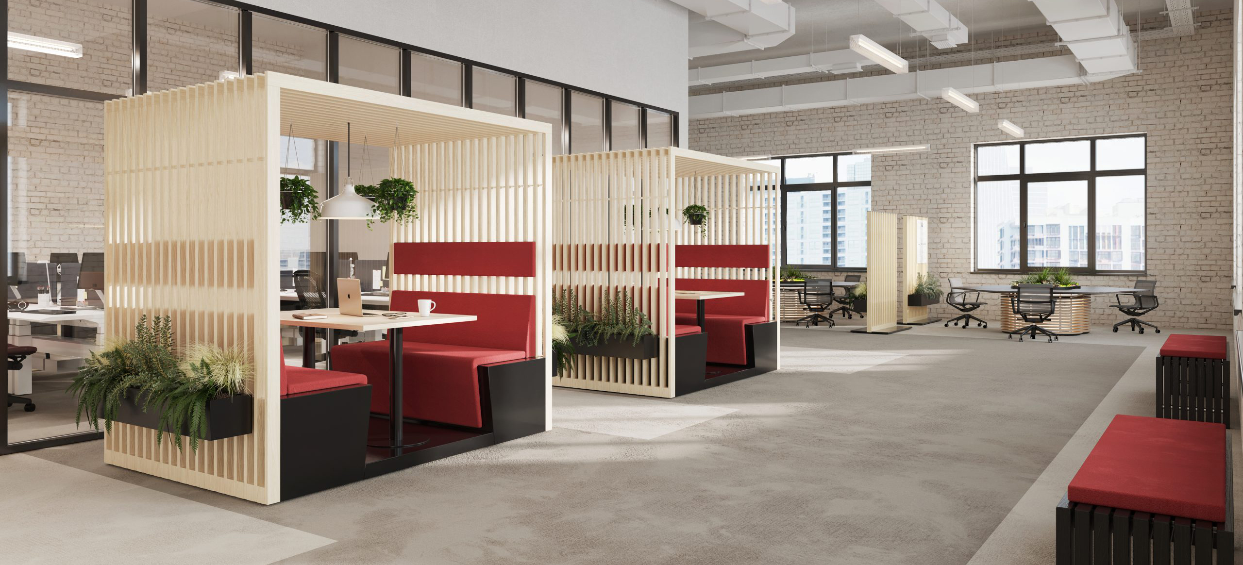 HK Designs Spaces Collection - Space 4 Four wooden slat breakout meeting booth with plants office view