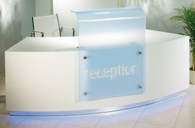Product code: CTR 03. White base structure with floating glass effect make for a light and airy feel to this reception desk Available in a range of sizes and finishes. To request more information on this or other ranges please click here.