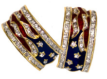 Patriotic half-hoop earrings! Swarovski crystal, enamel, available in gold-plate ONLY. A Bestseller! (Approx. 1"hoop x ½"w). Post back.