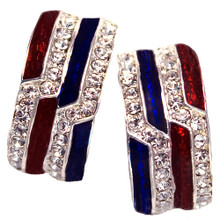 Red and blue enamel hoop earrings with diamond like Swarovski crystals. Pierced Only. (Approx. 0.75"h x 0.25"w)